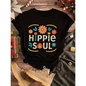 [100% Cotton] 180 G 1Pc Bold Style    HIPPIE SOUL WOMEN'S T-SHIRT- COLORFUL FLORALS WITH PEACE LOGO PATTERN, CASUAL SHORT-SLEEVED CREW NECK, HIPPIE OUTFIT T-Shirt For Men And Women