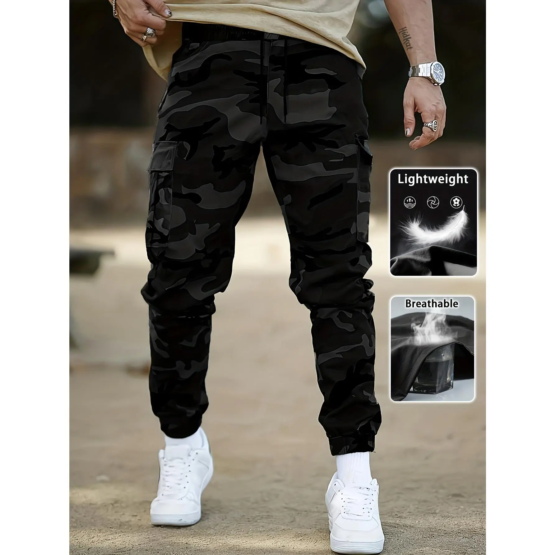 Men's Camouflage Drawstring Waist Work Pants - Menswear with Flap Pockets, Lettering Patches - Stylish, Versatile for Everyday Wear, Outdoor Street Style