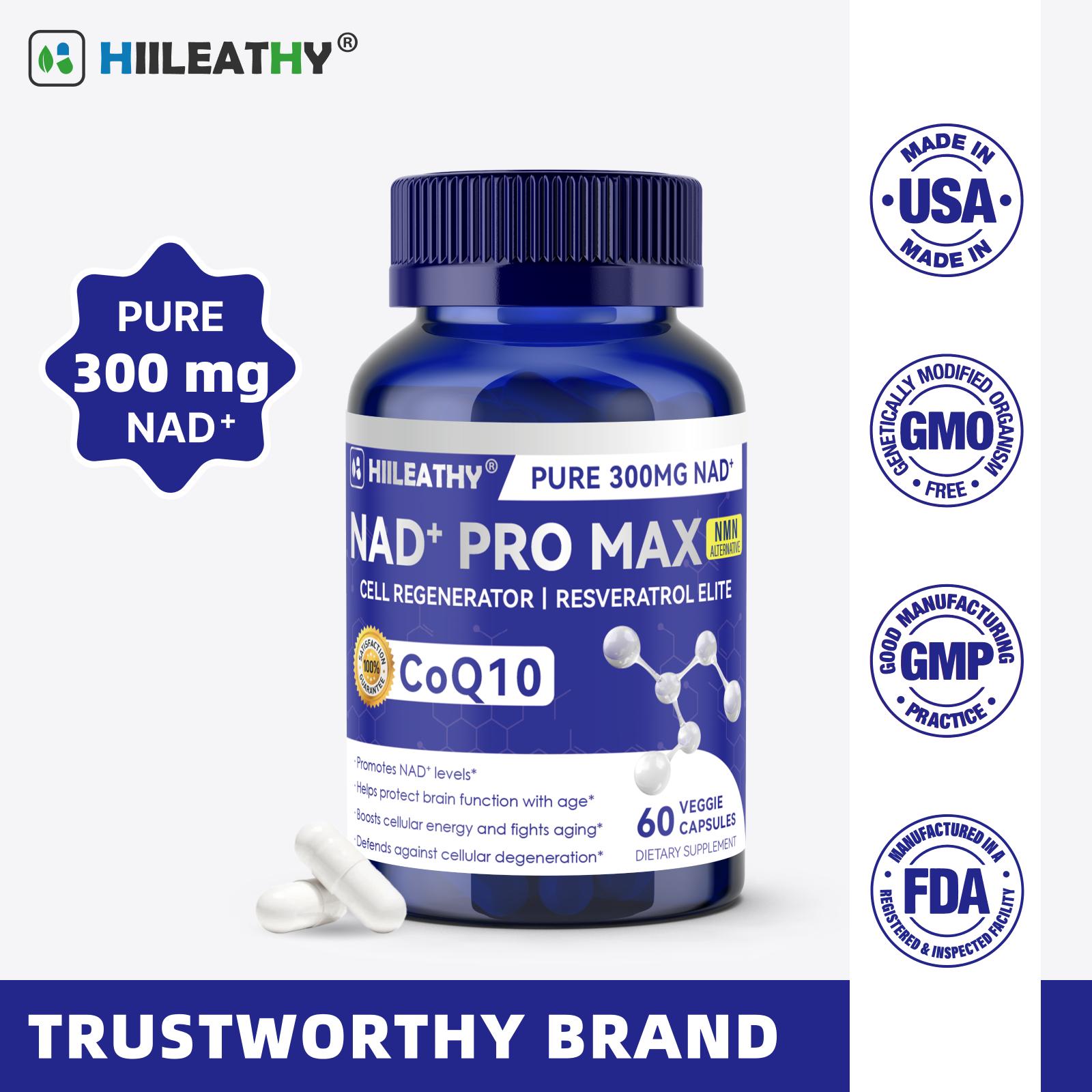 HIILEATHY NAD+ Pro Max - Pure 300mg NAD+ CoQ10 & Resveratrol Supplement with Black Pepper Extract for Energy Focus Heart Health Anti-Aging 60 Veggie Capsules Made in USA - Healthcare