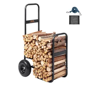 【FathersDayGift】VEVOR Firewood Log Cart,  , 250 lbs Load Capacity, Outdoor and Indoor Wood Rack Storage Mover with Pneumatic Rubber Wheels, Heavy Duty Steel Dolly Hauler, Firewood Carrier for Fireplace, Fire Pit, Black