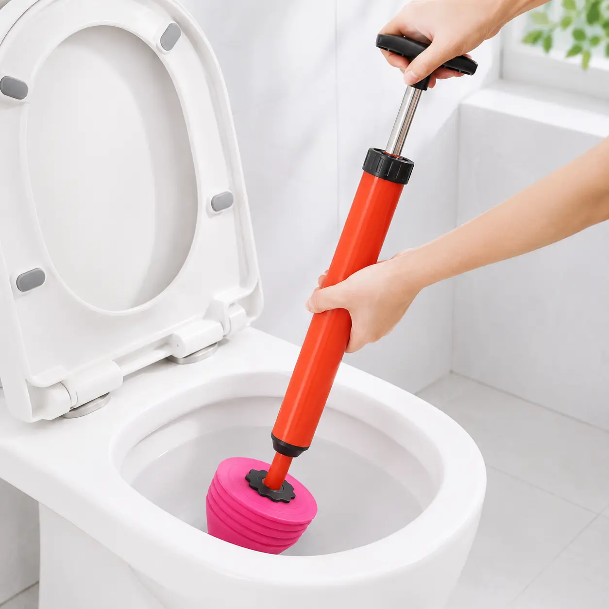 Universal Air Pressure Plunger & Drain Blaster Plumbing Tool, Long Handle Household Bathroom Accessory for Toilet Unclogging, Kitchen Sink Blockage Removal (Works with Soap), Toilet Unclogging Tool, Cleaning Brush, Stainless Steel, Manual