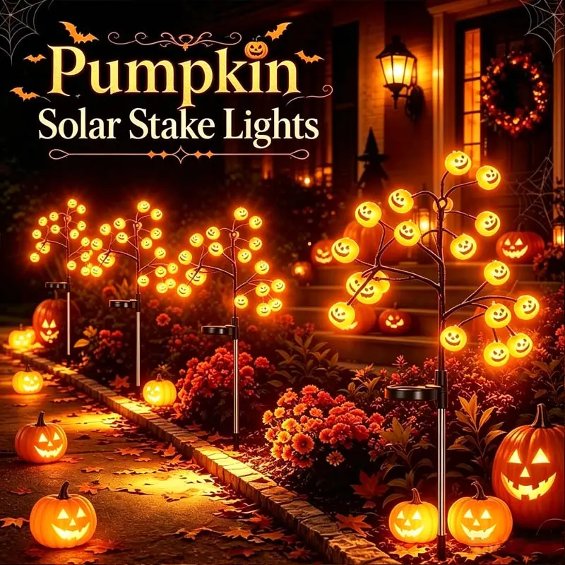 LED Halloween Theme Solar Pumpkin Stake Lights Set Pack - 20-Head with 8 Lighting Modes, Auto On/Off, Waterproof for Pathway Illumination, Outdoor Decor (2/4 Pack Options)