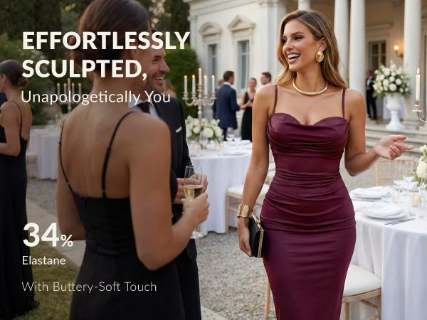 CurvySweet Women's Cowl Neck Ruched Bodycon Midi Dress with Spaghetti Straps and Built-in Bra for Cocktail Party