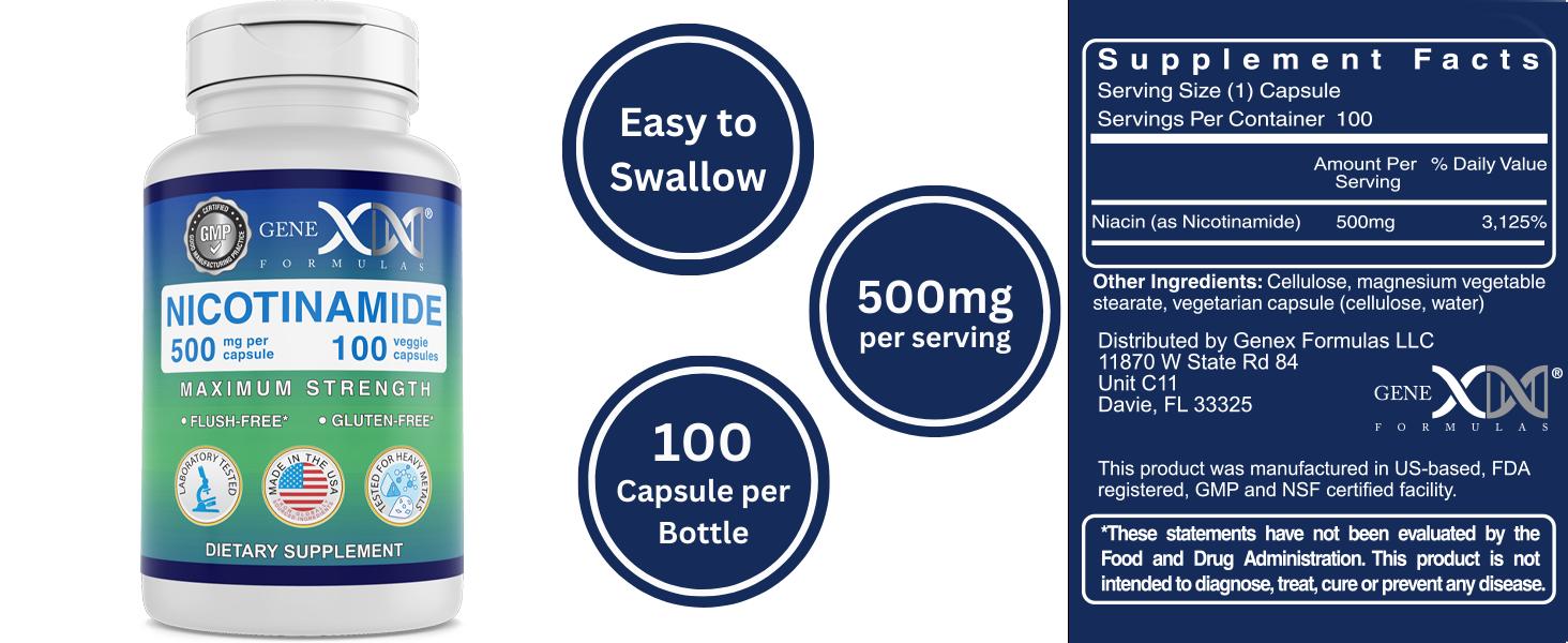 Genex Nicotinamide – 500 mg | 100 Capsules | Skin Health & Energy