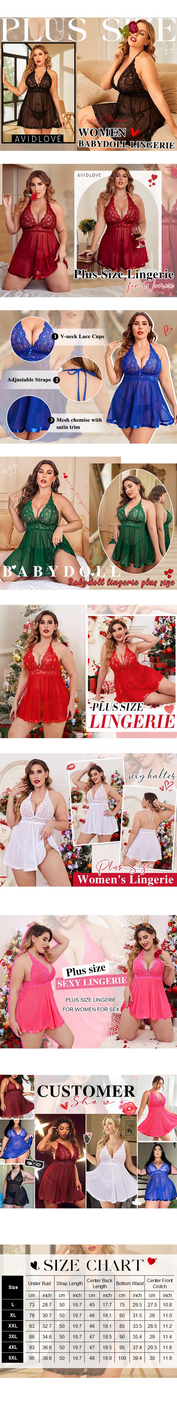 Avidlove Women Plus Size Hot Lingerie Lace Chemise Mesh Sleepwear Backless Halter V-neck Breathable Mesh Nightwear