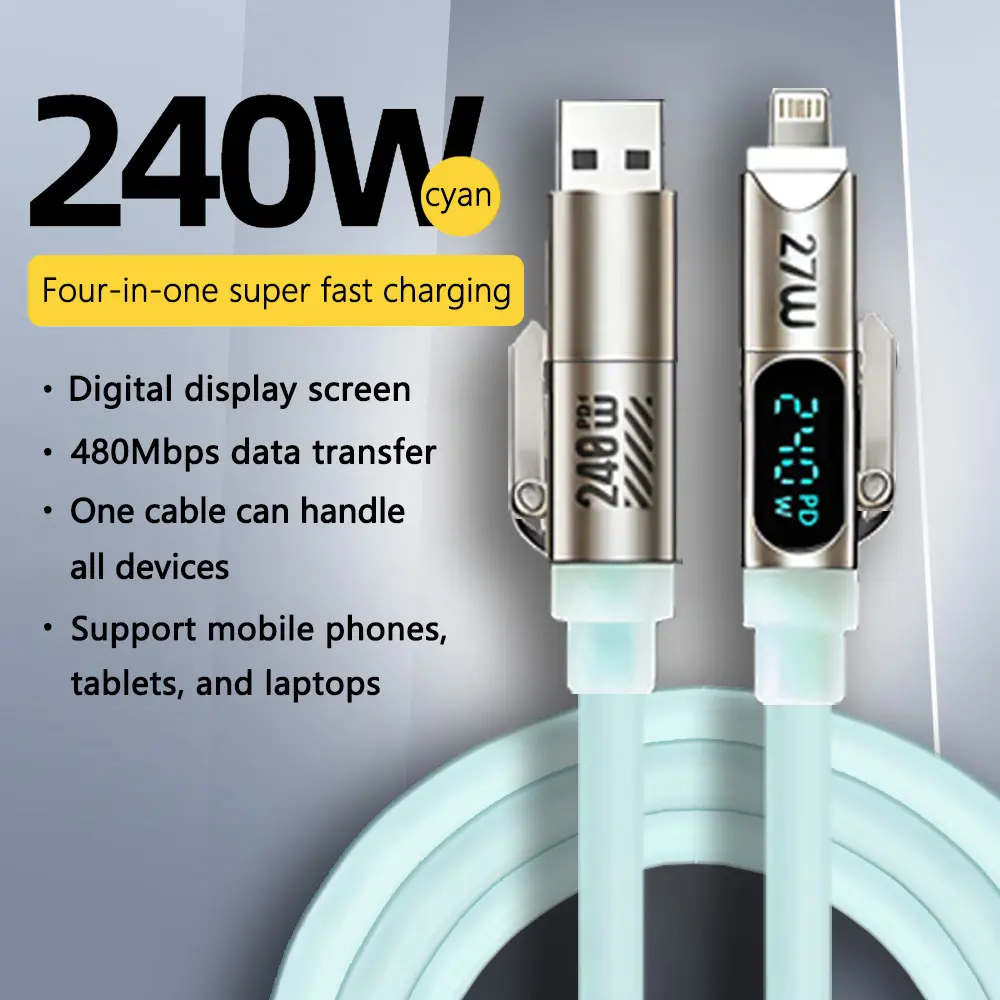 240W Silicone Braided LED Light-Up Fast Charging Cable - Aluminum, Digital Display, 4-in-1 Multi-Plug PD3.1 Charger with Lightning/USB-A Ports, Supports Smartphone, Tablet & Laptop Charging