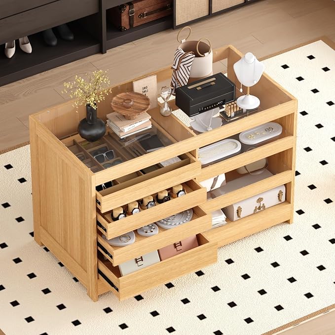 FUFU&GAGA Modern Glass Display Cabinet Island with 2 Drawers & 4 Side Drawers for Makeup Storage, Walk-in Closet Organizer, Living Room Furniture FUFU&GAGA Modern Glass Display Cabinet Island with 2 Drawers & 4 Side Drawers for Makeup Storage, Walk-in Closet Organizer, Living Room Furniture