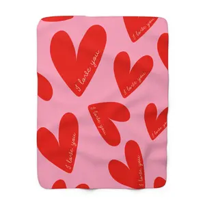 Red Hand-Drawn Hearts I love you Sherpa Fleece Blanket | Valentine Pink Red Hearts