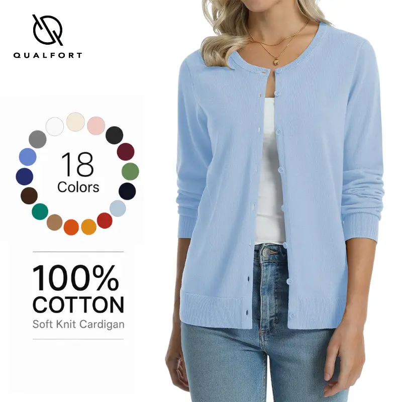 QUALFORT Women's 100% Cotton Lightweight Cardigan Sweater, Long Sleeve Crew Neck Button-Front Casual Top, Regular Fit Medium Stretch Solid Color Knit, Breathable All-Season Layer for Office, Travel & Everyday Outfits Womenswear Fitted