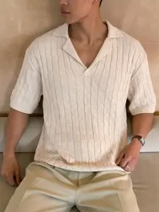 Men’s Spring/Summer New Arrival Casual Loose Minimalist Solid Color Polo-Collar Pullover Short-Sleeve Knit Top with Twisted Drawstring and Ribbed Crotch Panel, Korean Style, Versatile for Commuting, Niche Fashion