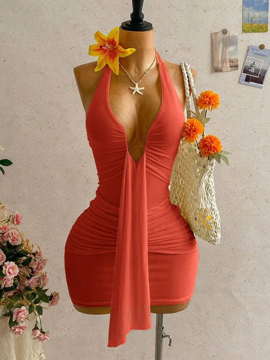 Women's Solid Color Ruffle Tie Design Ruched Sexy Cinched Waist Mini Dress, Suitable For Dates And Parties, Summer Dresses For Women