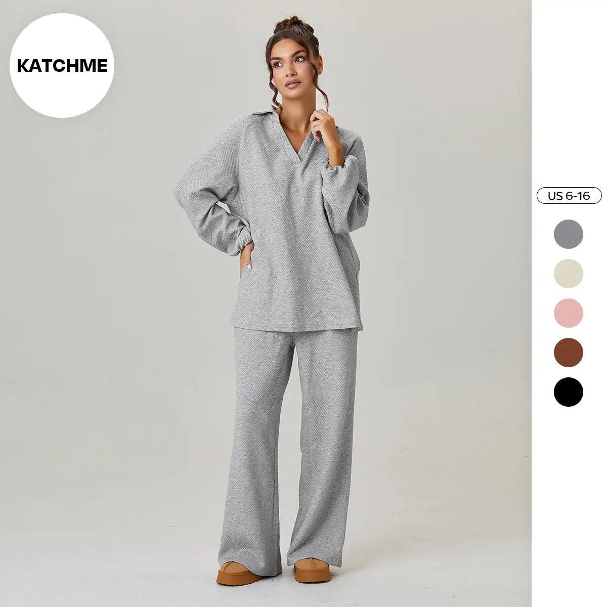 KatchMe Women's Versatile Solid Color V-Neck Loose Textured Pullover & Drawstring Waist Trousers Co-ord Set & Separates, Minimalist Soft Outfits, Simple Style Womenswear