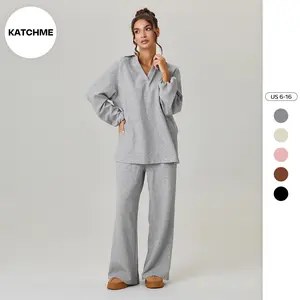 KatchMe Women's Slouchy Solid Color V-Neck Loose Textured Pullover & Drawstring Waist Trousers Co-ord, Minimalist Two Piece Outfits, Soft Womenswear(3)