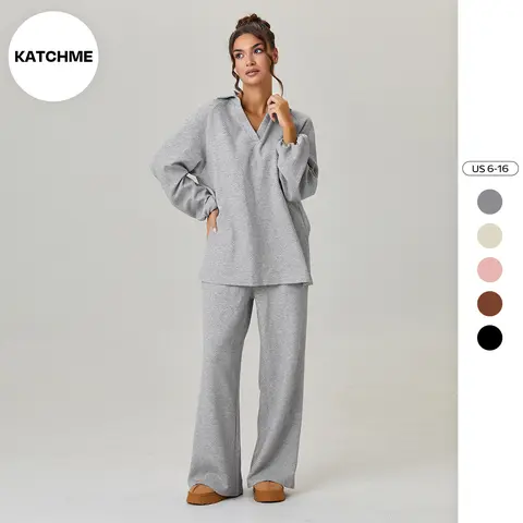 KatchMe Women's Versatile Solid Color V-Neck Loose Textured Pullover & Drawstring Waist Trousers Co-ord Set & Separates, Minimalist Soft Outfits, Simple Style Womenswear