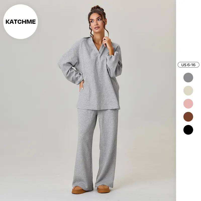 KatchMe Women's Versatile Solid Color V-Neck Loose Textured Pullover & Drawstring Waist Trousers Co-ord Set & Separates, Minimalist Soft Outfits, Simple Style Womenswear