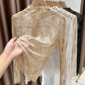 Half high Collar Lace Undershirt for Women New Summer Collection with black Fungus Edge Mesh, Long Sleeved Inner Top Three colorsGift