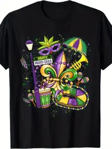 100% Cotton Men'S Women'S Mardi Gras T-Shirt - Vibrant New Orleans Carnival Graphic with Fleur-de-Lis, Beads Jazz Music Notes - Retro Casual Short Sleeve Round Neck Tee for Parades, Parties Casual Attire - Comfortable All-Seaso