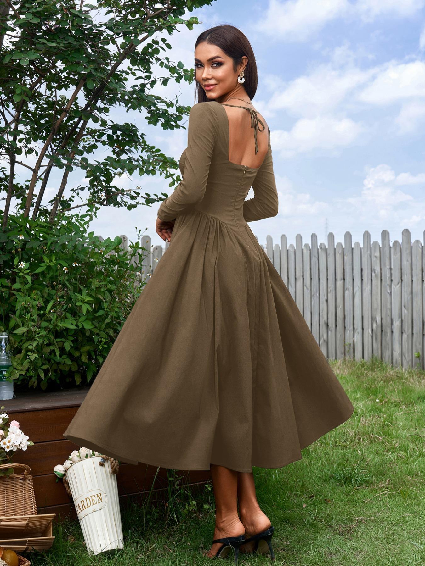 Solid Color Long sleeve Backless Tie Bodycon Dress, Elegant Formal Evening Gowns, Women Cocktail Dress