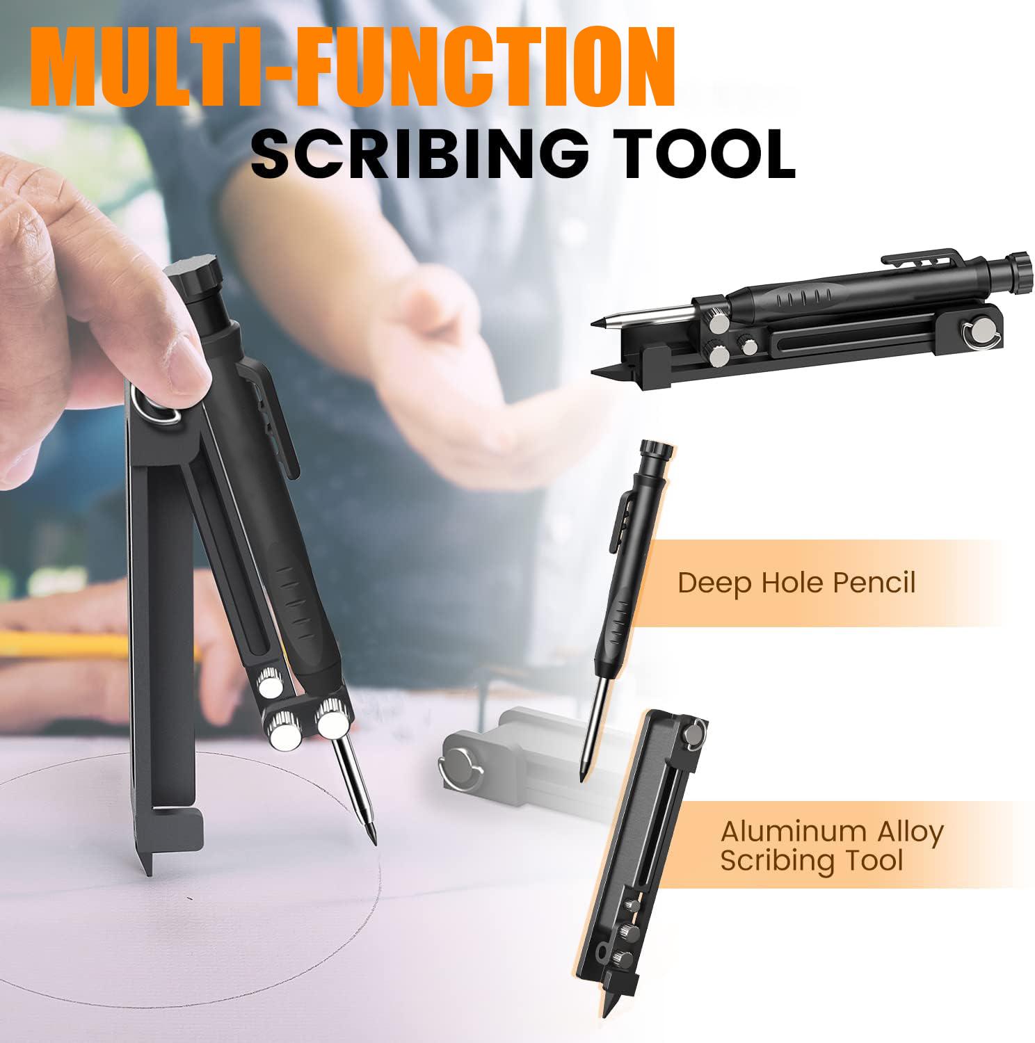 Multi-function Scribing Tool - Construction Pencil- Aluminum Alloy Scribe Tool with Deep Hole Pencil,DIY Woodworking Scribe Gauge Scriber Line Maker Measuring Tool,Gifts For Men