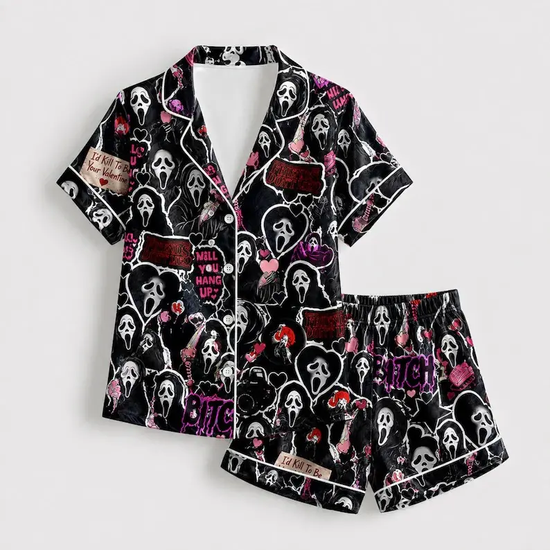 Women's Ghost Face Horror Valentine Pajamas Set Combo I'd Kill To Be Your Valentine Black Satin Sleepwear Short Long Sleeve Shirt Shorts Pants Loose Comfy Costume Fall Autumn