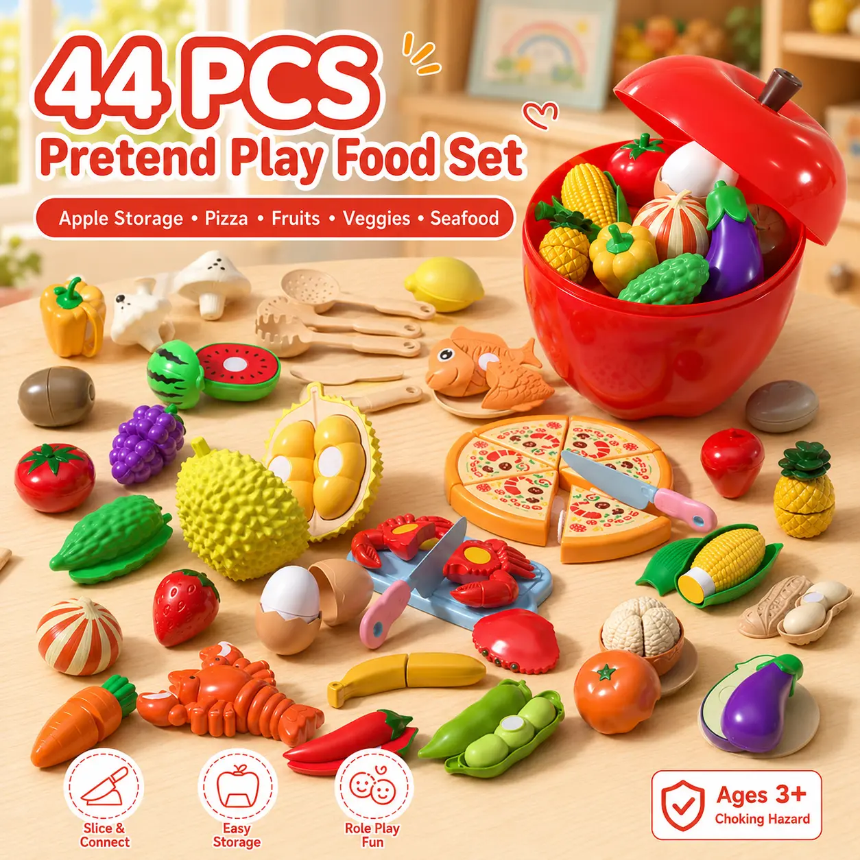 AIBEIQITOY Kids Pretend Cooking Set, All-in-One Apple Storage Play Food with 6-Slice Pizza, Fruits, Vegetables & Seafood, Realistic Cutting Kitchen Toys for Toddlers Ages 3+, 24- & 55-Piece Blue Basket Options