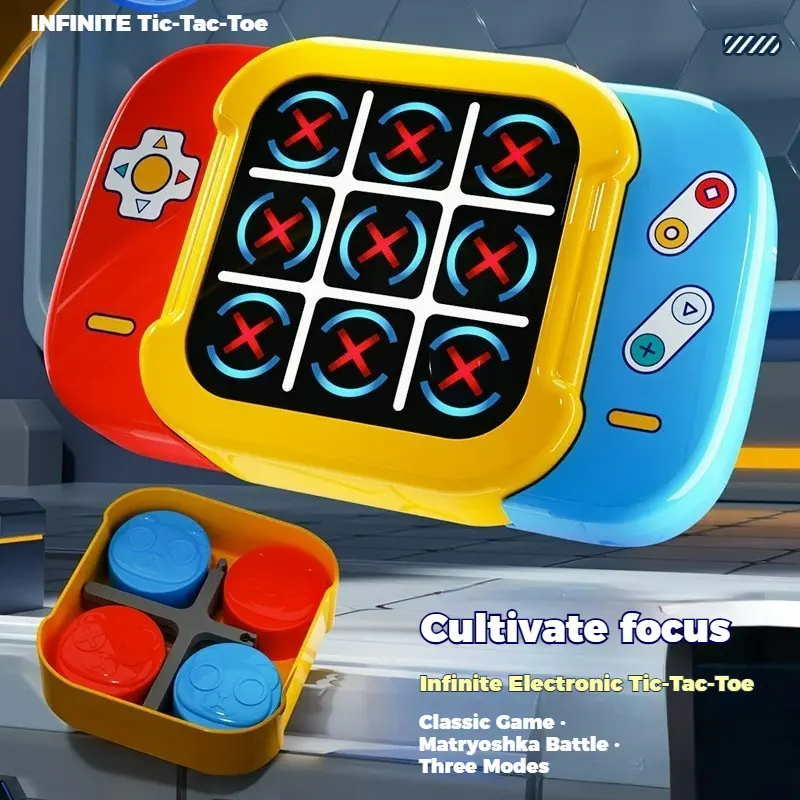 Electronic tic-tac-toe game machine, sound effect touch screen tic-tac-toe game, stress-relieving handheld game with levels, 3 modes for single and double players, brain challenge, memory test, focus training, perfect gift for children, perfect party game