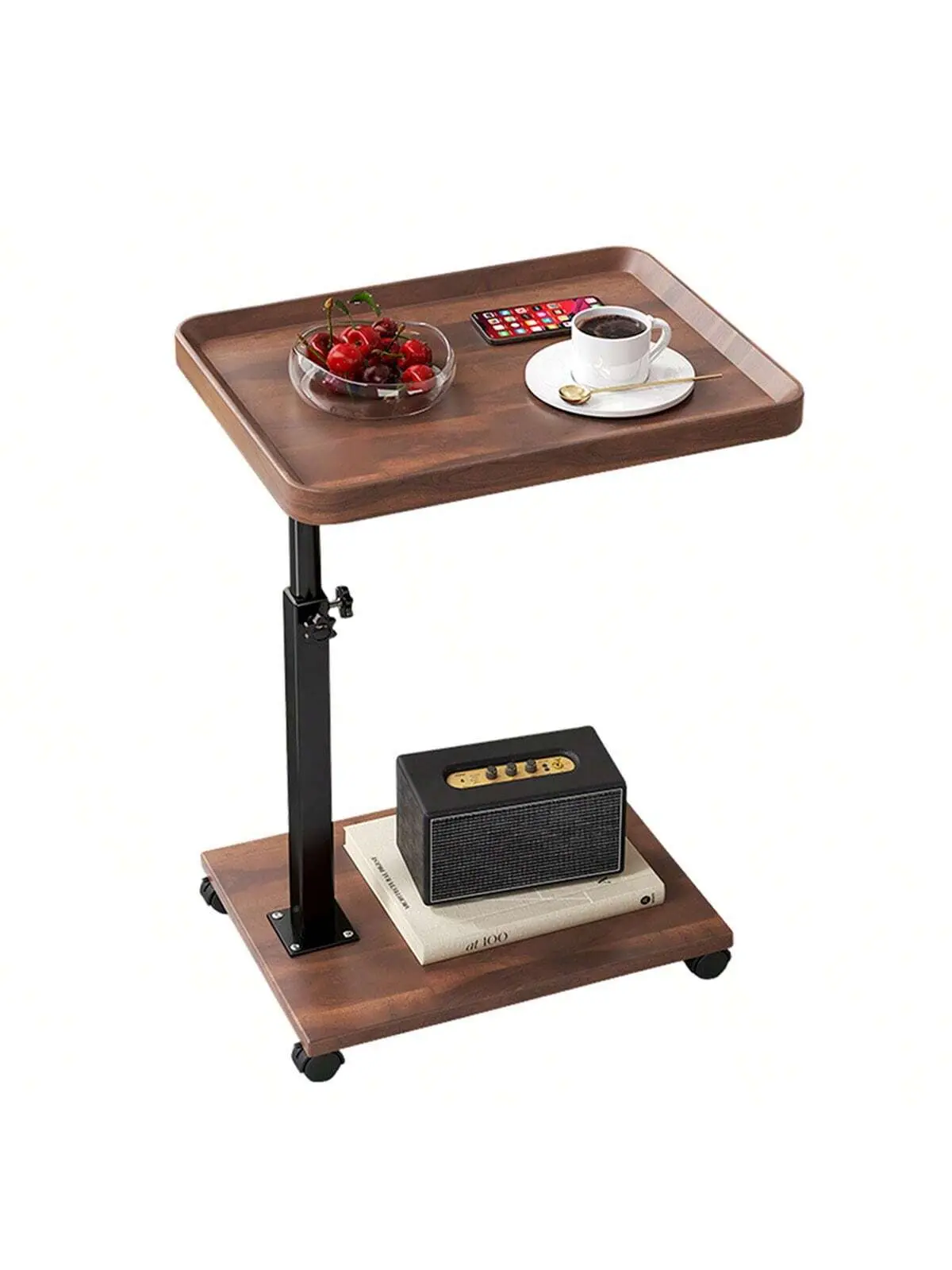 Gaomon Adjustable Height Solid Wood C Table with Casters - 360° Swivel Side Tables, Laptop Holder TV Tray for Small Spaces, Sofa Couch Use