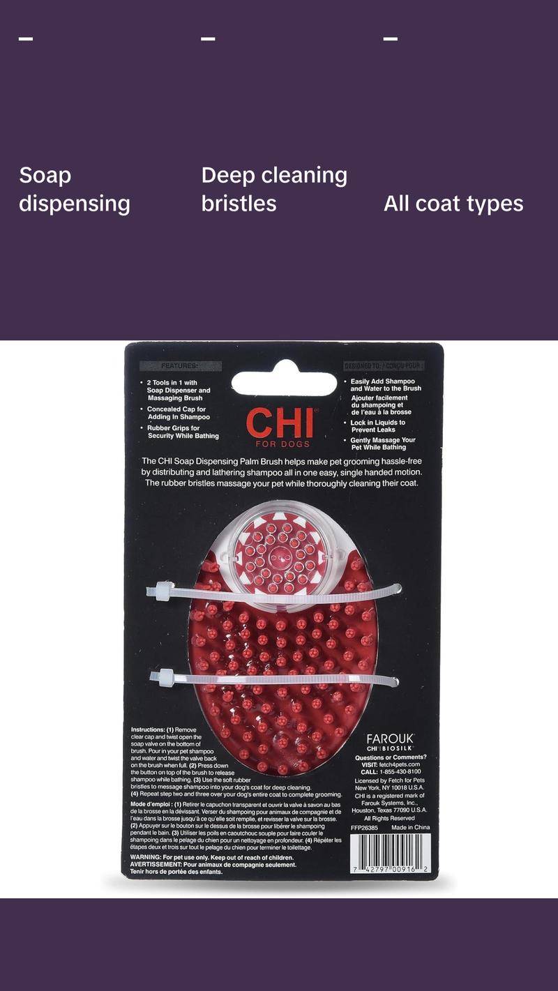 CHI for Dogs Soap Dispensing Palm Brush - Handheld Dog Grooming Tool with Built-In Soap Dispenser - Easy-to-Use Dog Brush for Bathing and Massaging Coats - Gentle on Skin