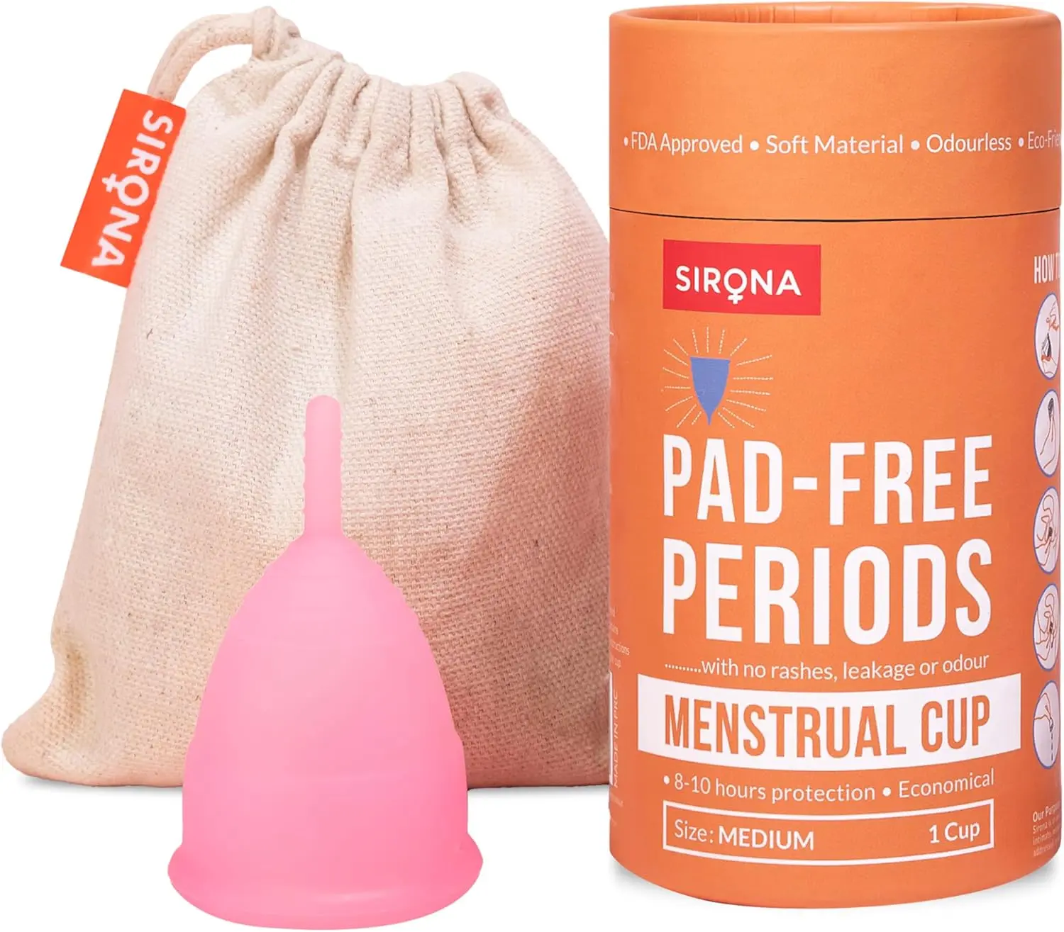 Sirona Reusable Menstrual Cup - Medium Size | Ultra-Soft, Odor-Free, Rash-Free Medical-Grade Silicone with Pouch | Leak-Proof Period Cup for Heavy & Light Flow | Tampon & Pad Alternative | Pack of 1