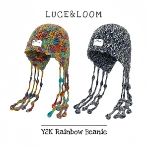 LUCE&LOOM|2026Multi-Color Contrast Crochet Tassel Earflap Hat Unisex Unique Warm Knitted Hat Windproof Ear Protection|Vibrant Weave|Niche Design|Outfit Eye-Catching