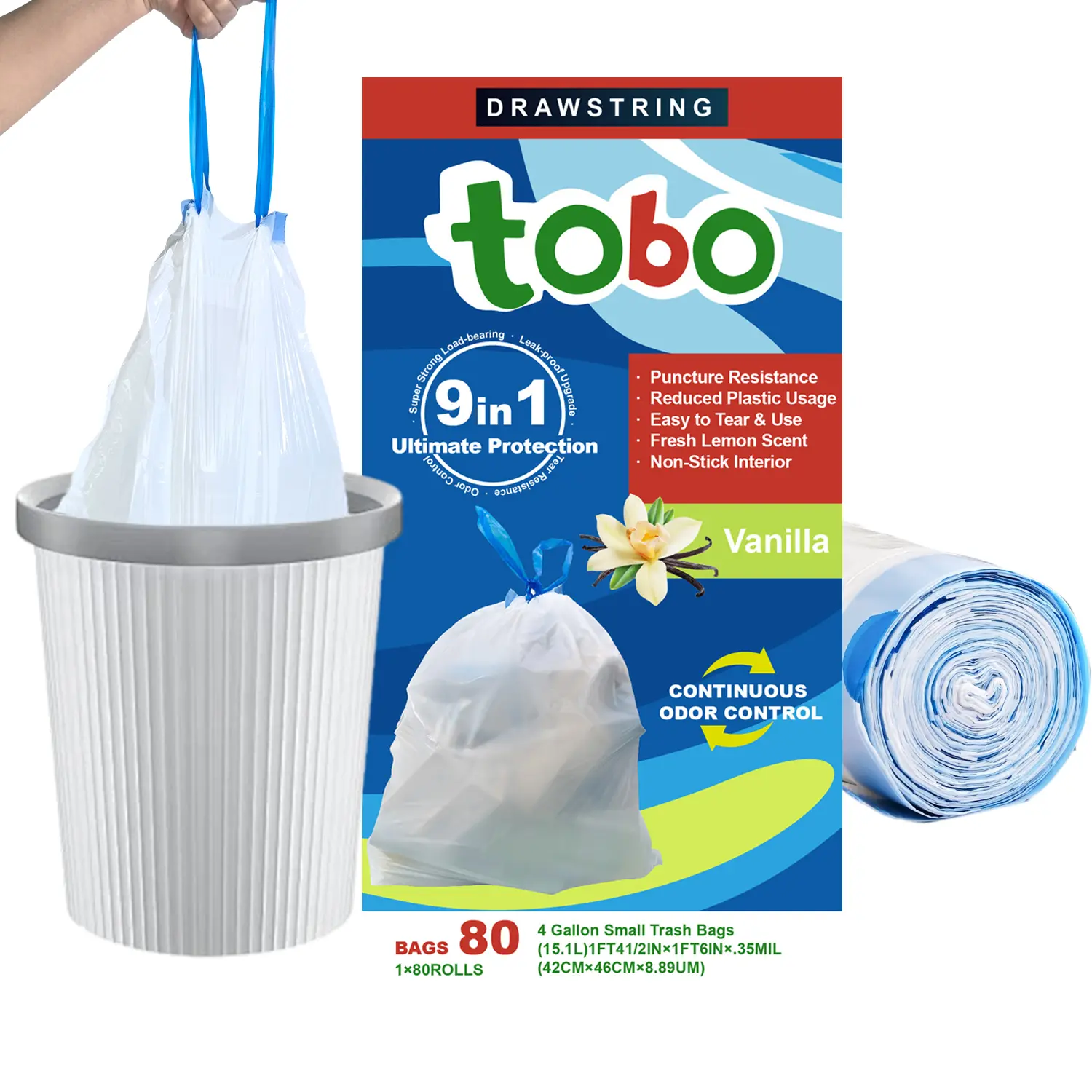 Tobo Drawstring Small Trash Bags OdorShield 4 Gallon 80 Count White Vanilla Scent Leak Resistant Tear Resistant Easy Tear Fits Bathroom Kitchen Office Trash Cans