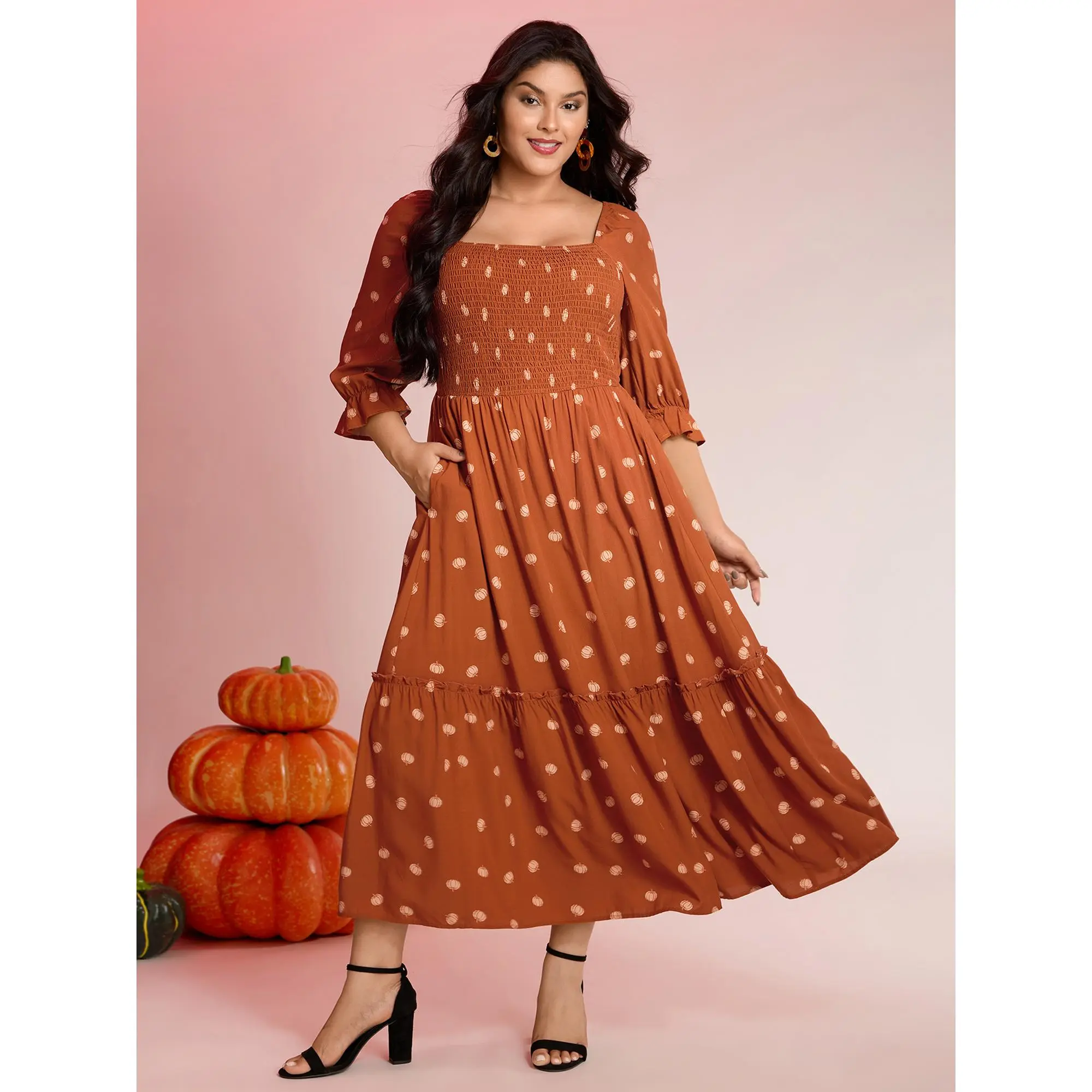【Pocket Approved】 BLOOMCHIC Plus Size Pumpkin Print Maxi Dress [M-6X] - Smocked Square Neck Tiered Long Dress with Pockets, Cute Fall Floral Inspired Casual Dress, Boho Vacation Outfit,Summerfinds
