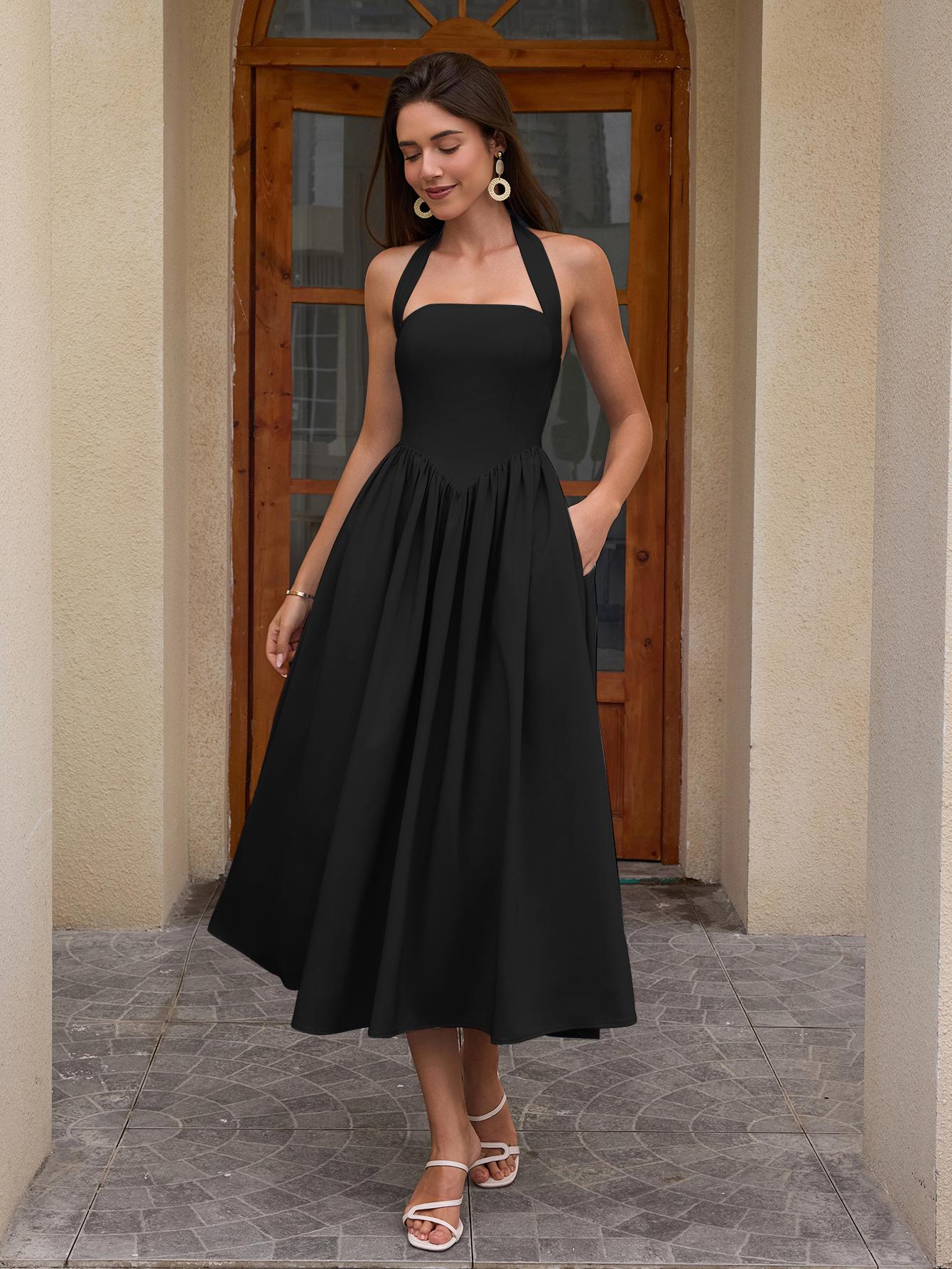 Halter Backless Smocking Tie A-line Dress, Elegant and Fashionable Party Date Dress