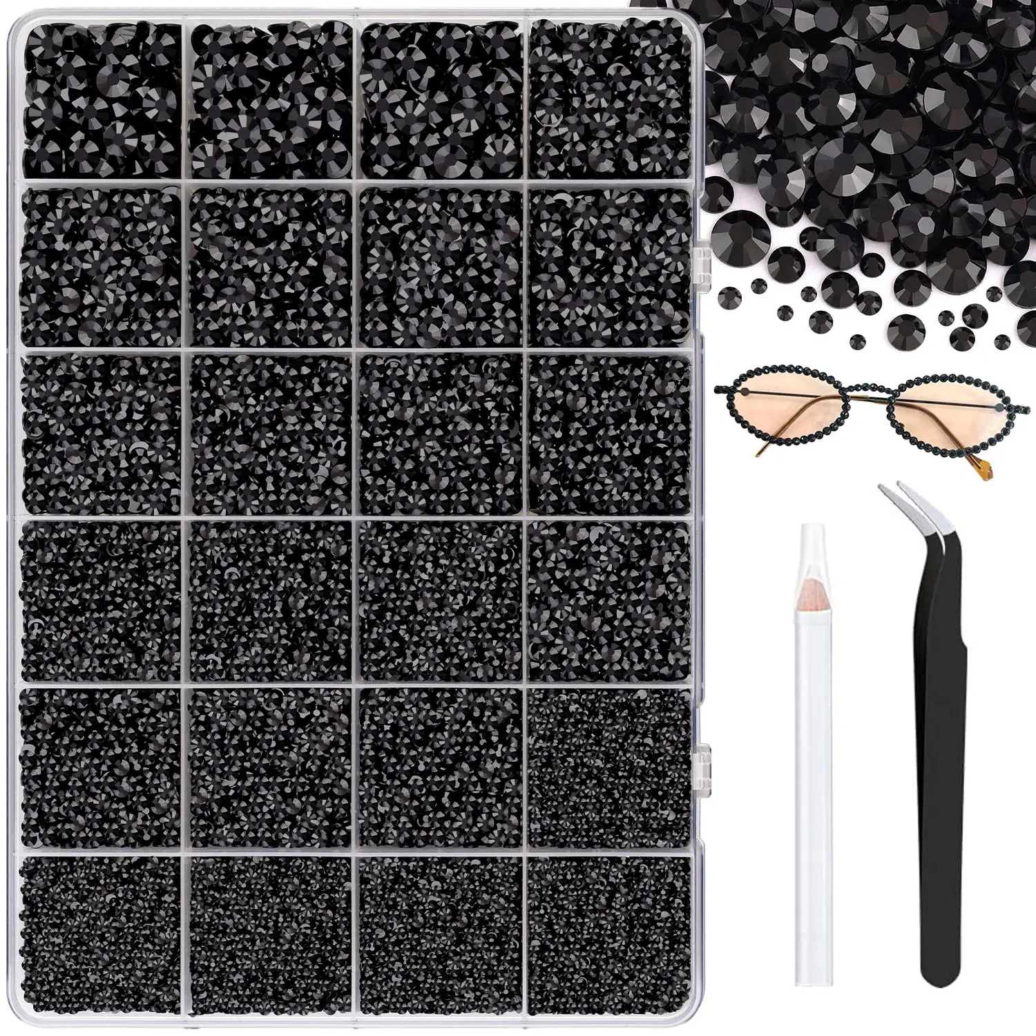 30000Pcs Resin Jelly Rhinestones Flatback 3mm - Black Craft Gems for Clothes, Nails, Tumblers, Shoes - Bulk Bedazzler Kit with Tweezers & Tools