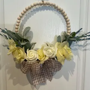 Wooden Bead Wreath with Yellow Roses and Lambs Ear Cottage Garden Spring Door Decor