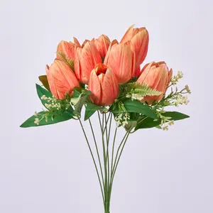 Orange Silk Tulip Bloom & Leaf Stem Bouquet Faux Floral Spray  - 19"