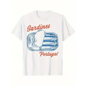 Portuguese Sardine Pattern T-Shirt- White Casual Crew Neck Top, Blue and Red Can Print, Unisex Regular Fit, Machine Washable, Perfect Gift for Food Lovers and Travel Enthusiasts, Daily Fashion, Fun Print, Soft Fabric, Suitable for Men  Menswear Tshirt