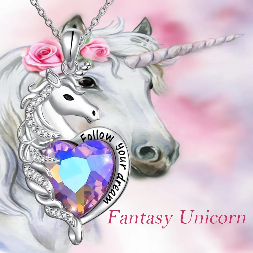 Unicorn Heart Necklace for Women, Fantasy Style Animal Pendant with Sparkling Cubic Zirconia on a Daily Wear Stainless Steel Chain, Fantasy Style Necklaces, Birthday, Cubic Zirconia Alloy, Cubic Zirco, Short
