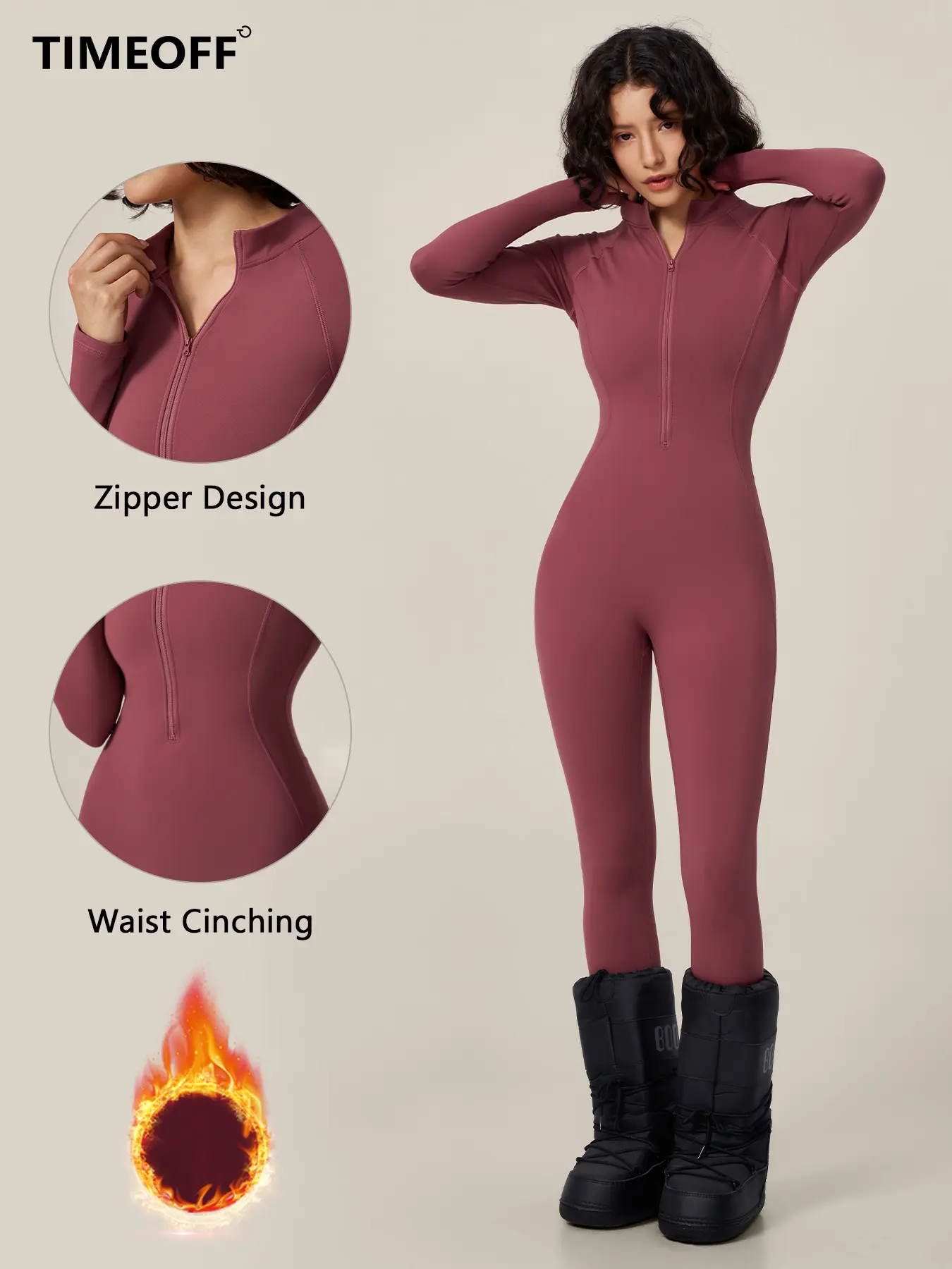 TIMEOFF Women's Long-Sleeve Fleece-Lined Mock-Neck Zip-Up Jumpsuit, Stretchy Body-Sculpting Workout Gym Clothing for Winter Yoga, Jumpsuits For Women, High Elastic Women's Sportswear Set, Fitted