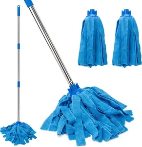 Microfiber Cloth Mops for Floor Cleaning, One Pole with Two Microfiber Cloth Wet Mop Refills, String Mop with 59" Long Handle, Blue (1 Handle & 2 Mop Heads)