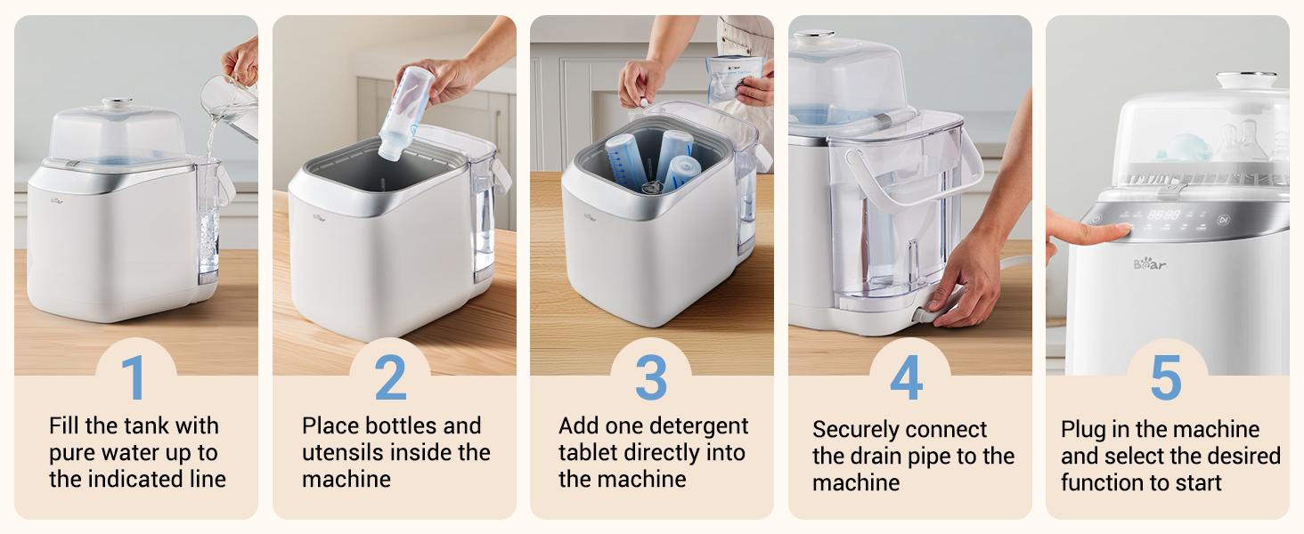 Bear Bottle Washer Pro, Baby Bottle Washer and Sterilizer and Dryer - All in One Machine for Bottles, Pump Parts & Baby Essentials with 90 Detergent Tablets - Effortless, Time-Saving