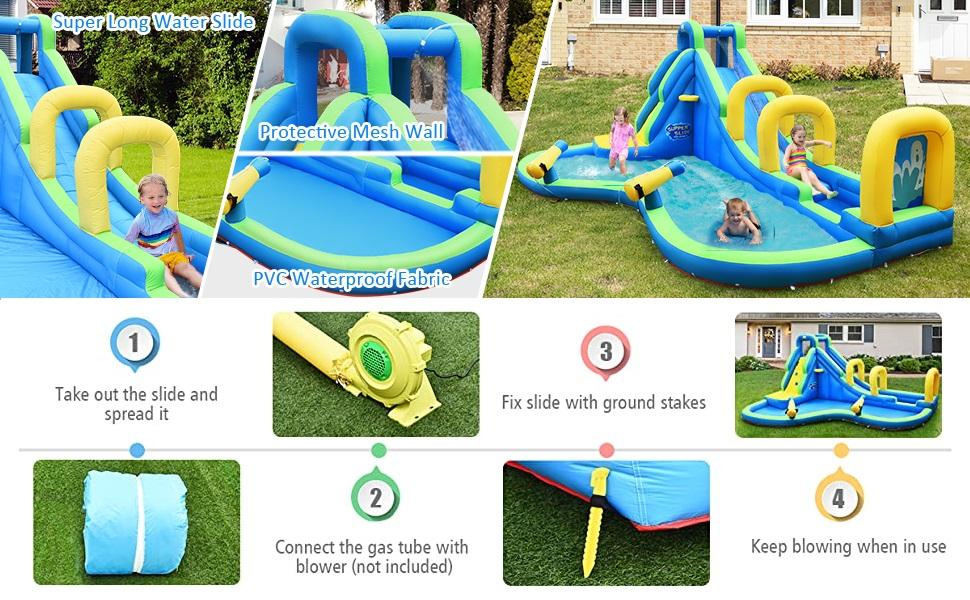【On Sale】Costzon Inflatable Water Slide w/ Air Blower, Mega Waterslide Park for Kids Backyard, Blow up Water Slides Inflatables for Big Kids Adults Outdoor Party Gifts COSTST