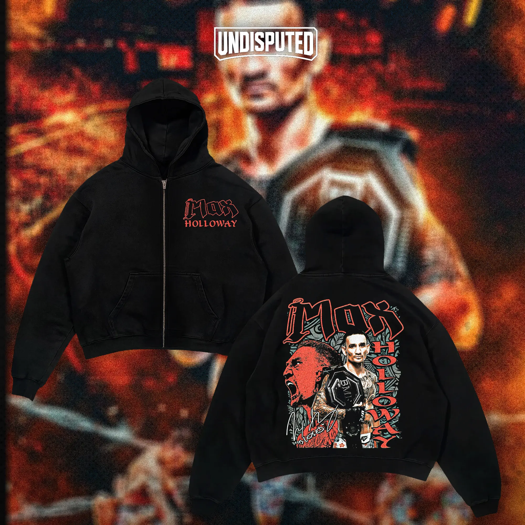 UNDISPUTED Max Holloway BMF Champion Heavy Cotton Shirt UFC Shirt MMA Tshirt Hoodie BMF Zip Up Hoodie Blessed Jacket Fighting Fan Apparel Menswear Direct-to-garment Breathable Printing