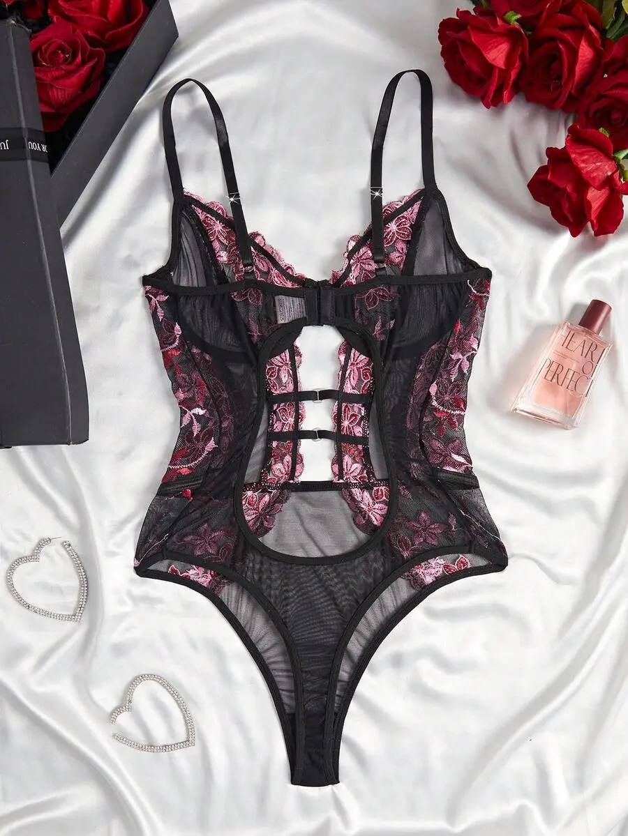 SHEIN 1pc Women's Sexy Lingerie Floral Embroidery Mesh Bodysuit - TikTok  Shop