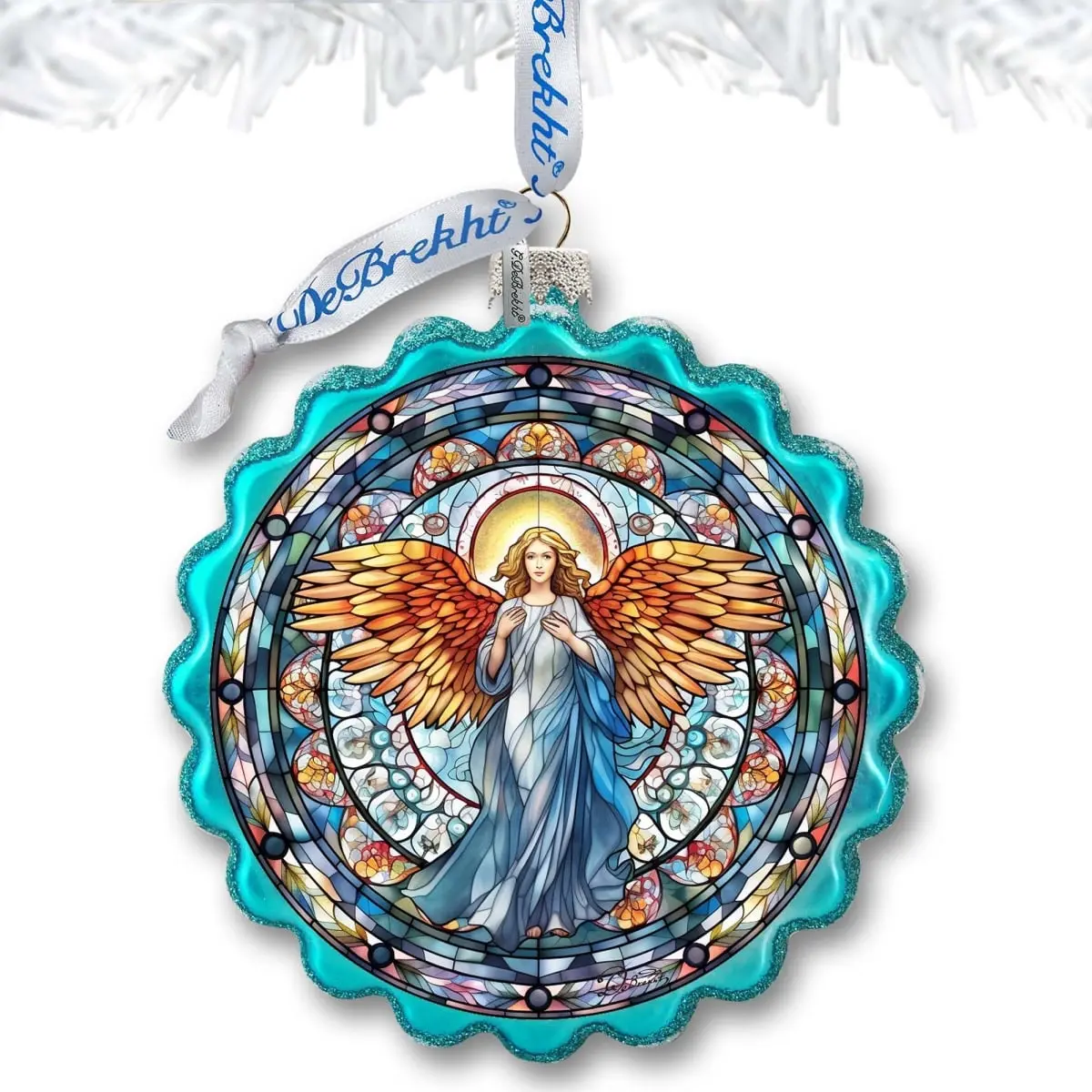 Designocracy 759-054 Handmade Satin Painting Love Harmony Angel Wreath Mini Glass Ornament with Ribbon, 4x3 in. Indoor Home & Holiday Nativity Tree Decor