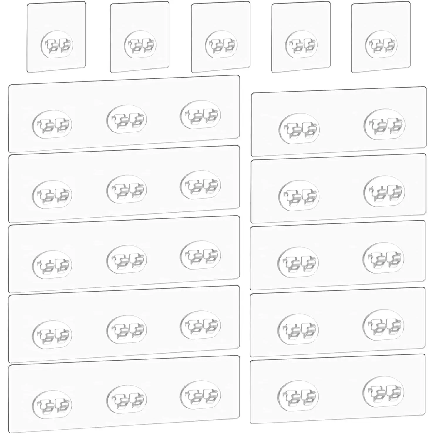 15-Count Transparent Polycarbonate Adhesive Hooks, 15-Piece No-Drilling Sticky Hold Sticker Strips (10.2x2.8in & 5.5x2.3in), 30lb Weight Capacity Wall Mount Hangers for Bathroom Shelves & Baskets