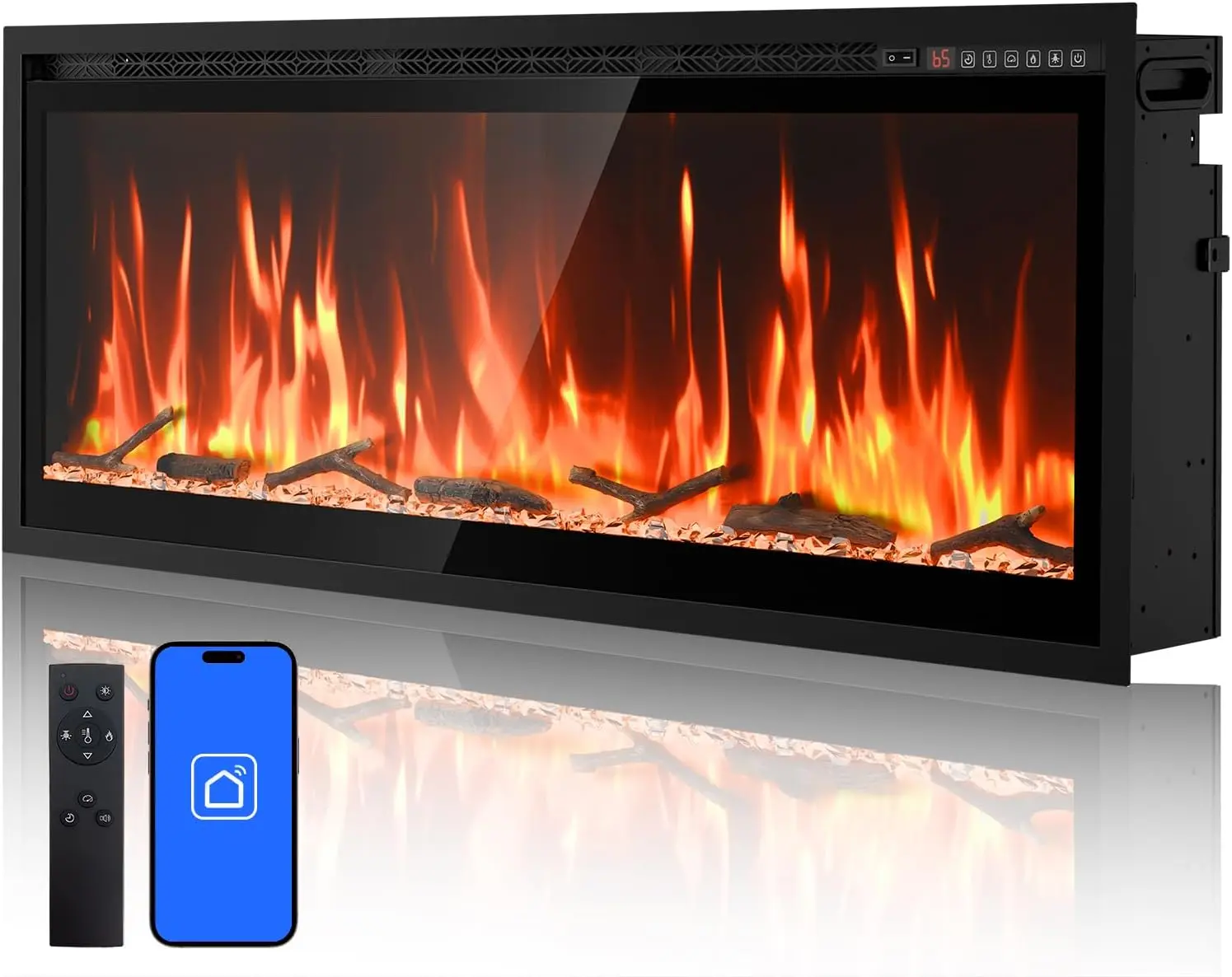 50" Ultra Thin Smart Electric Linear Fireplace - WiFi App, Alexa Voice Control, Recessed/Wall Mounted/Freestanding, 13 Flames, Crackling Sound, 1500W Heater with Timer & Overheat Protection, Ideal for Living Rooms & Apartments (Driftwood Flame Effect)