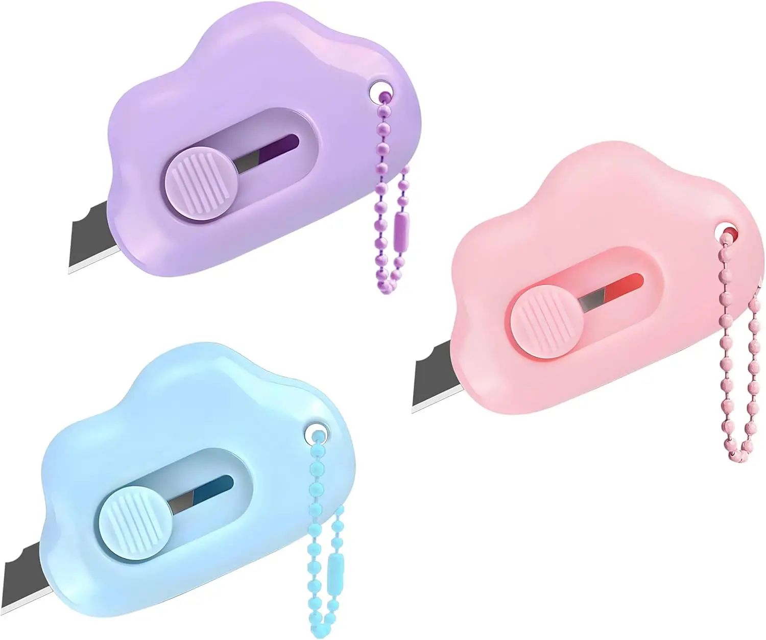 Cloud-Shaped Retractable Box Cutter Set - 3-Pack with Keyrings, Stainless Steel Blade, Compact Cutting Tool for Controlled Cuts, Safe Portable Letter Opener for Home, Office (3 Colors)