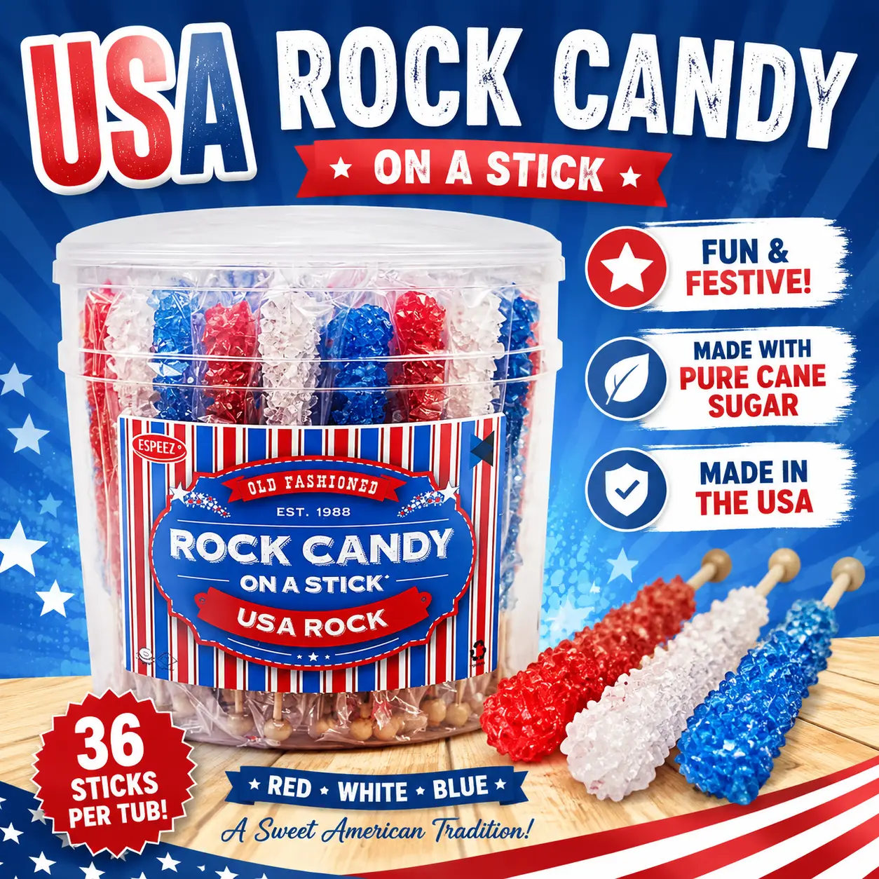Espeez USA Rock Candy Sticks 36 Count  Red White & Blue Crystal Candy | Patriotic Party Favors, Candy Buffets & Events