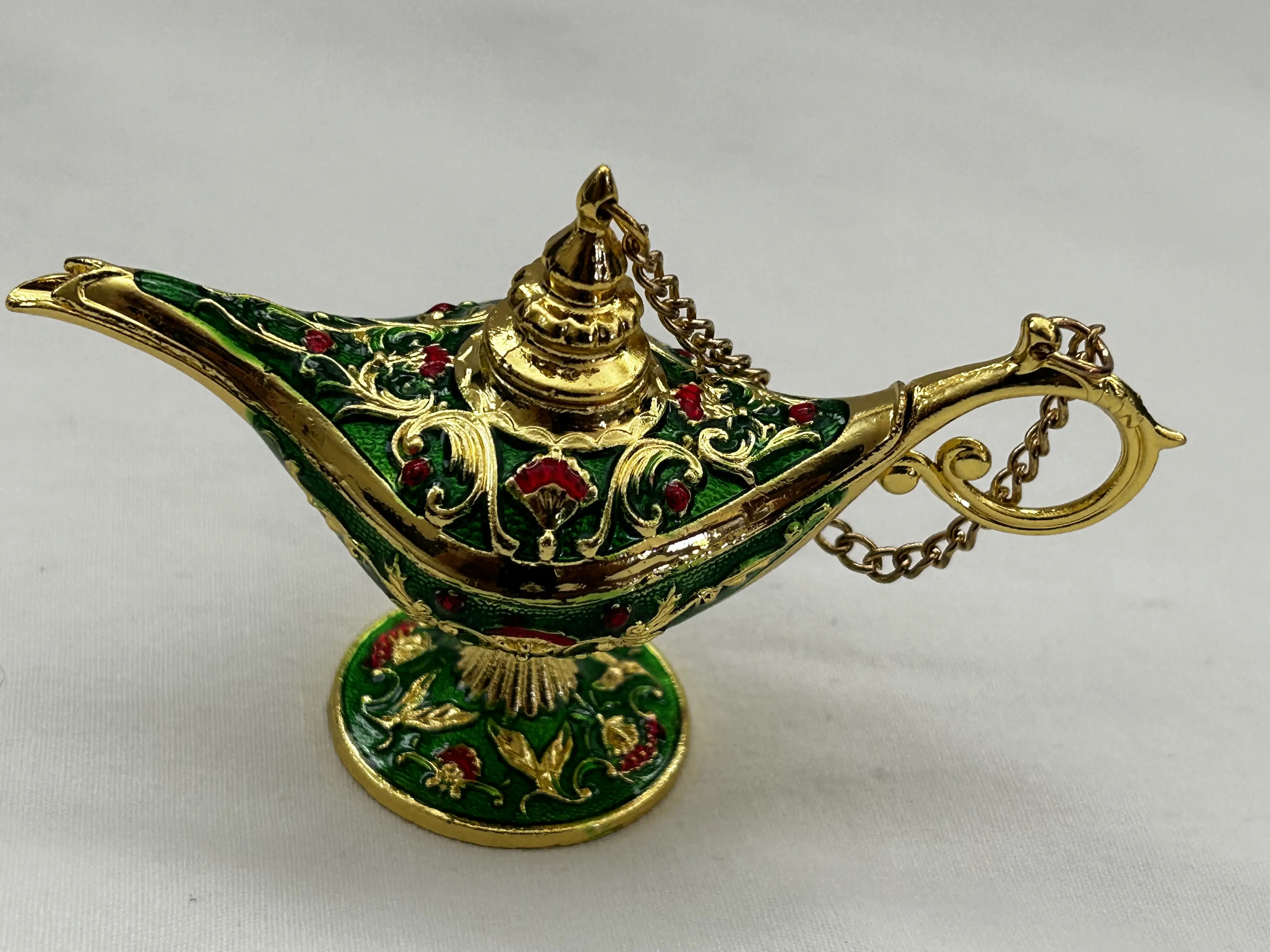 Egyptian Metal Aladdin Lamp For Decoration 3.5" X 2" Gold Look Green Great Quality Beautiful